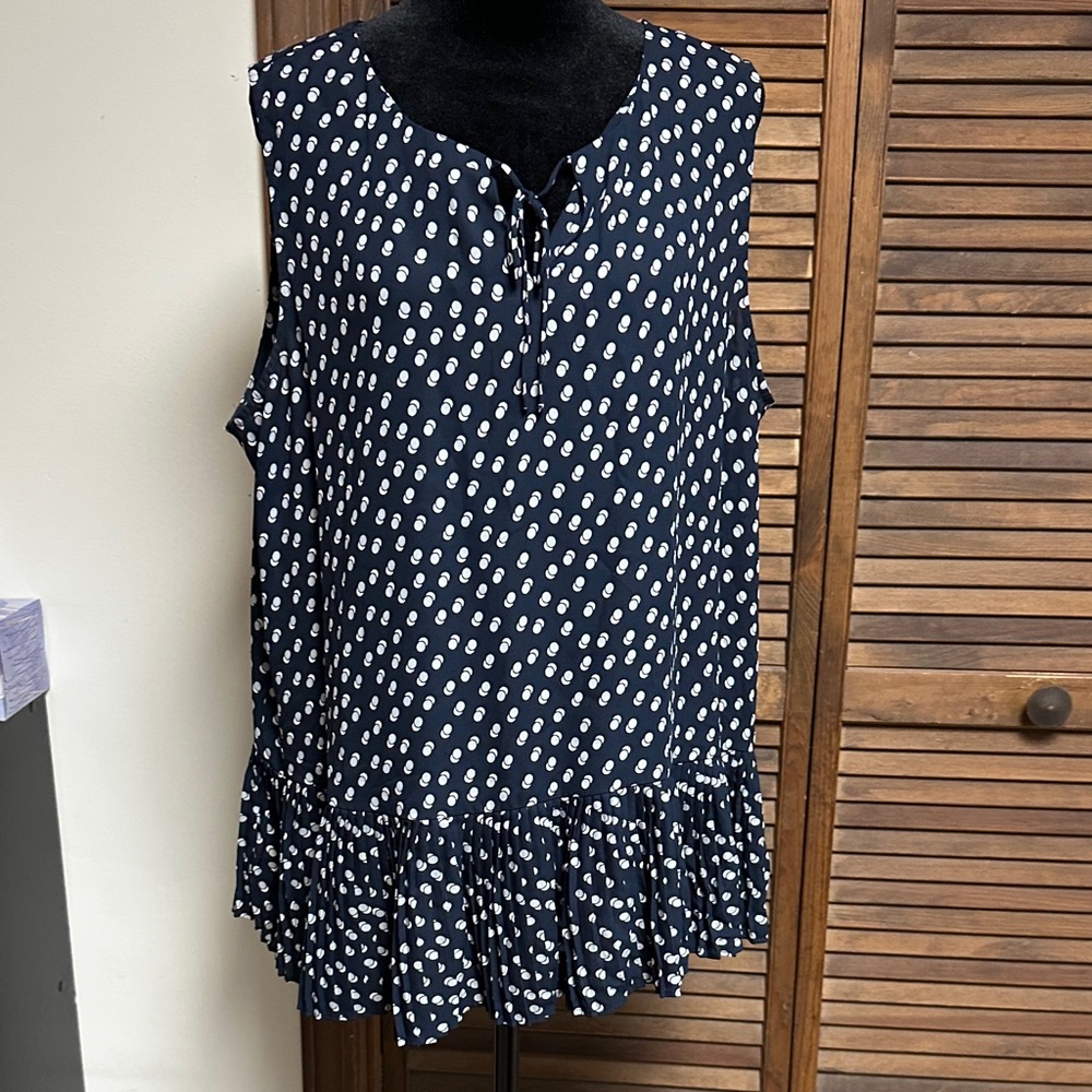 Ann Taylor Navy Sleeveless Polka Dot Ruffle Hem Top